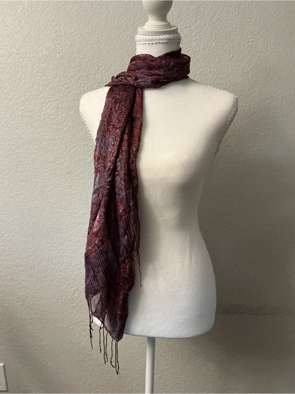 Boho Burgundy Patterned Pashmina Style Scarf with Fringe Accent